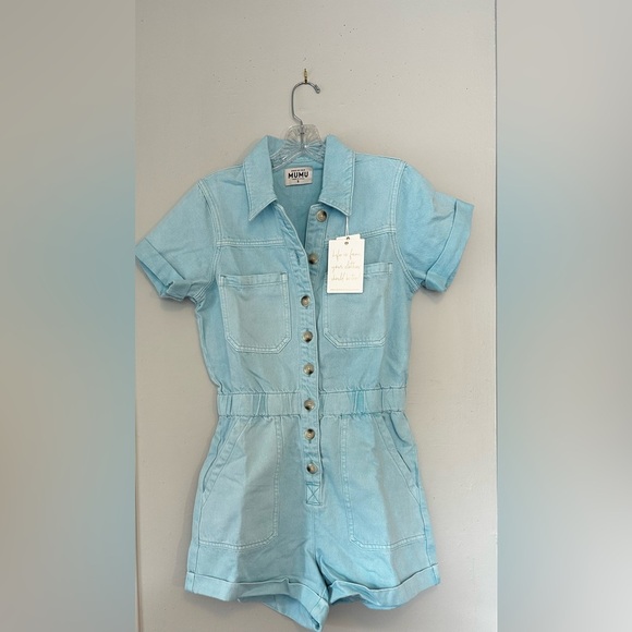 Show Me Your Mumu Cannon Denim Romper Light Blue 100% Cotton Size Small - Picture 3 of 5